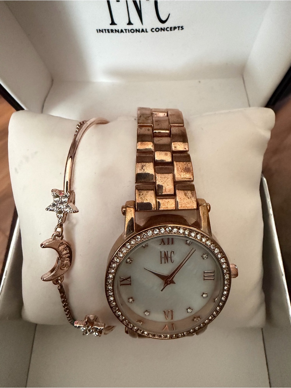 INC International Concepts Rose Gold Tone Crystal Accent Women's Bracelet Watch